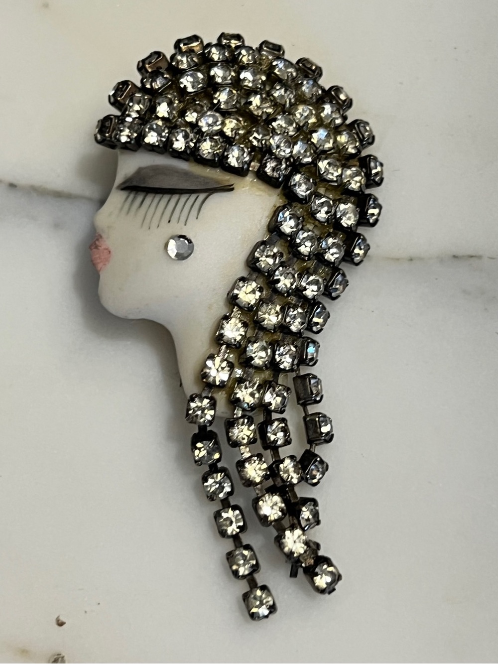Gabriella Vintage Flapper Lady Head Brooch Porcelain & Rhinestones